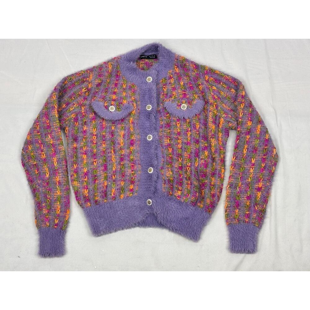 SHEIN Purple Fuzzy Knit Tweed Cardigan Sweater Multicolor Pocket Button Front
